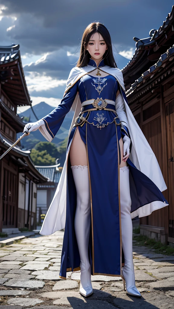 South korea walk women mystery hooded on with modern royal Blue coat with long and wide sleeves with buttons and royal Blue cape and very high white heel over the knee and white gloves, As she reveals a small secret hidden blade coming from his palm , adding to the character's mysterious and agile appearance, with small movements of air on the cape, in summer at night under the rain,medieval south korea house. sophisticated and highly detailed, ultra hd, realistic, hyper detailed, enhanced colours, ultra sharp focus, with vibrant, rich in details High quality, gorgeous, captivating, 8k, super detailed, stunning shadows, detailed lines, blood stain on coat and gloves, corpses in the street recently murdered