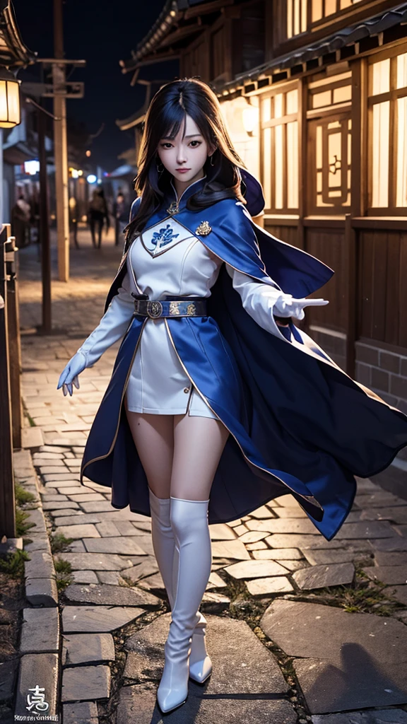 South korea walk women mystery hooded on with modern royal Blue coat with long and wide sleeves with buttons and royal Blue cape and very high white heel over the knee and white gloves, As she reveals a small secret hidden blade coming from his palm , adding to the character's mysterious and agile appearance, with small movements of air on the cape, in summer at night under the rain,medieval south korea house. sophisticated and highly detailed, ultra hd, realistic, hyper detailed, enhanced colours, ultra sharp focus, with vibrant, rich in details High quality, gorgeous, captivating, 8k, super detailed, stunning shadows, detailed lines, blood stain on coat and gloves, corpses in the street recently murdered
