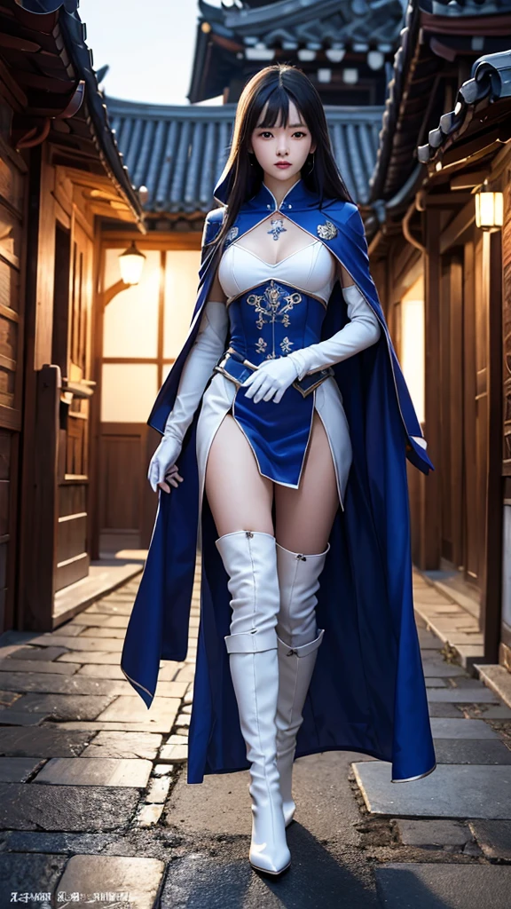 South korea walk women mystery hooded on with modern royal Blue coat with long and wide sleeves with buttons and royal Blue cape and very high white heel over the knee and white gloves, As she reveals a small secret hidden blade coming from his palm , adding to the character's mysterious and agile appearance, with small movements of air on the cape, in summer at night under the rain,medieval south korea house. sophisticated and highly detailed, ultra hd, realistic, hyper detailed, enhanced colours, ultra sharp focus, with vibrant, rich in details High quality, gorgeous, captivating, 8k, super detailed, stunning shadows, detailed lines, blood stain on coat and gloves, corpses in the street recently murdered