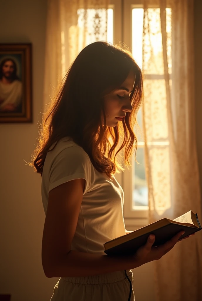 A Brazilian woman in a room with a bible in her hand and Jesus watching her,her physical features are shoulder-length hair,brown hair with some highlights and white skin