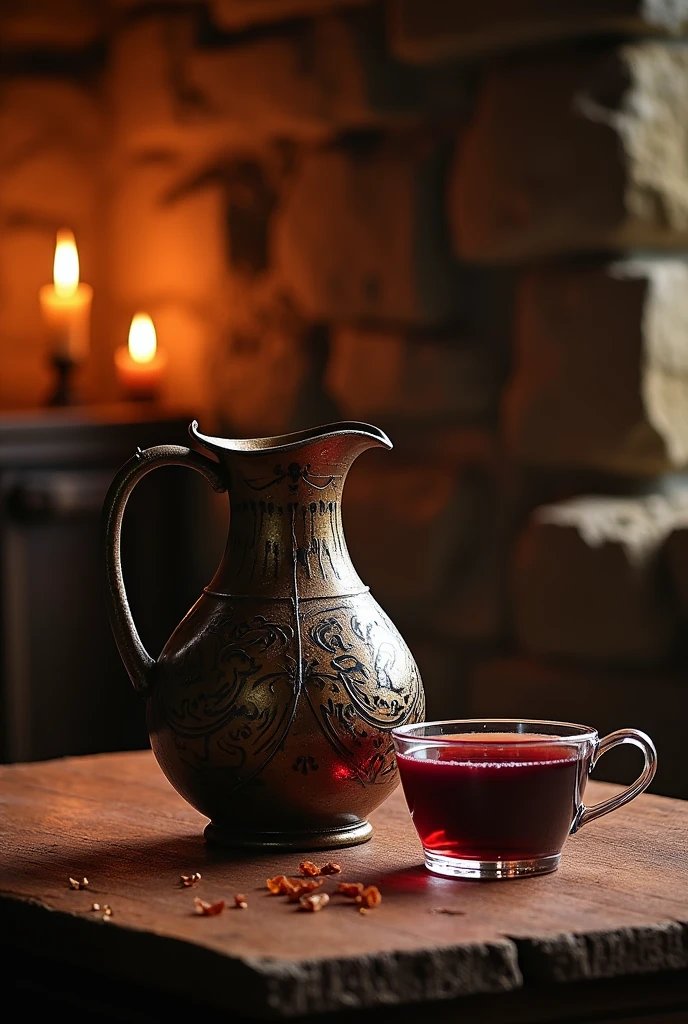 Table with a jug and cup containing a spiced wine called Hippocras from the Middle Ages, Make the image in a rectangular format