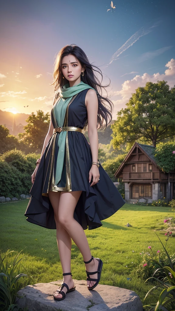 Beautiful cute short girl aged 18 , stand on stone in middle of hills, have long hair and wears ear rings and wears metallic smart watch to her left hand and wears blue colour full hands dress and black scarf which is flying due to air and black colour legin pand and wears Black colour chappal and seeing left side and sky in sunset mood, in background village and trees and green crops and House written SUNITHA name on the sky at her background with 3D metallic golden glitter with metallic silver heart, metallic purple butterfly, metallic green peal. Everything in front 3D rendering, typography, 3d render, poster, fashion