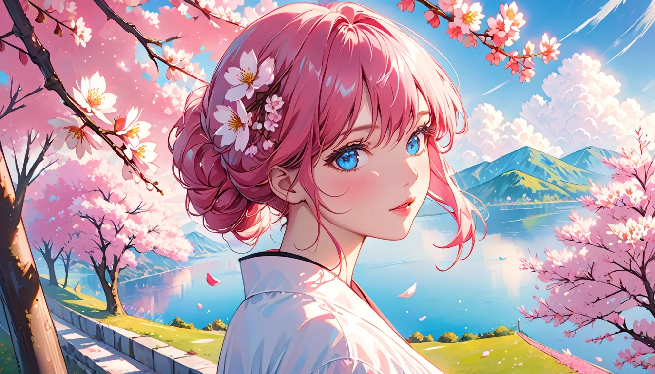 Detailed anime style, Beautiful and stunning artwork, Bright shadows, strong colors, Pastel cotton candy, a beautiful woman, pink hair, blue eyes, Beautiful scenery, Cherry blossom leaves, Linear and detailed illustration