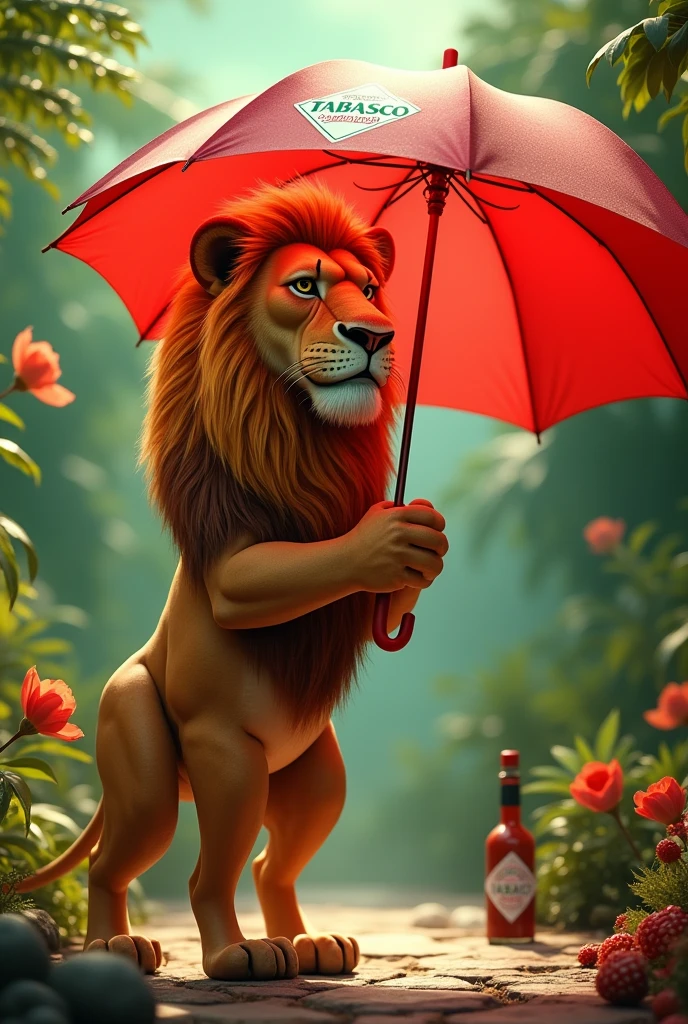 Tabasco brolly a lion holding a red umbrella with Tabasco on it