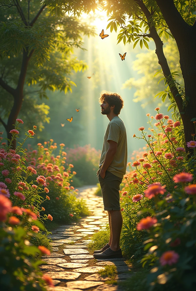Man looking for a woman in a garden