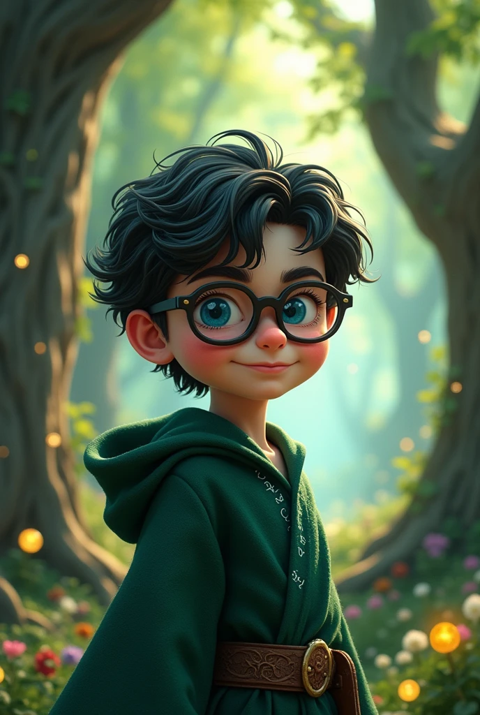 Young wizard with short wavy black hair wearing glasses