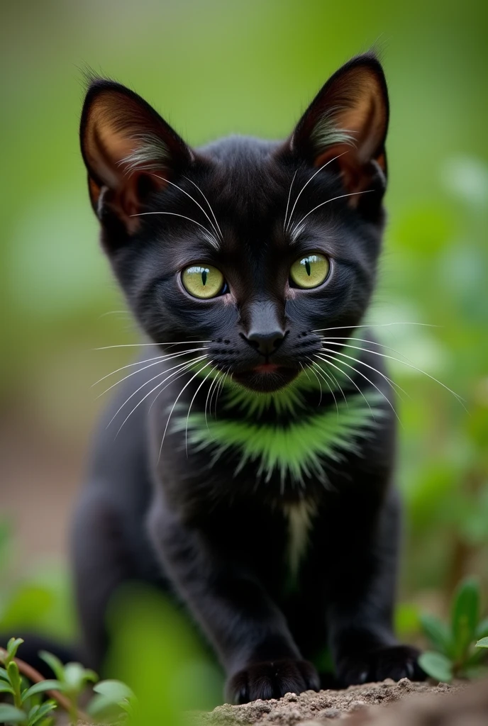 A small black cat with white on its head, a little bit of lime green for sure , with lime green and white stripes on the body