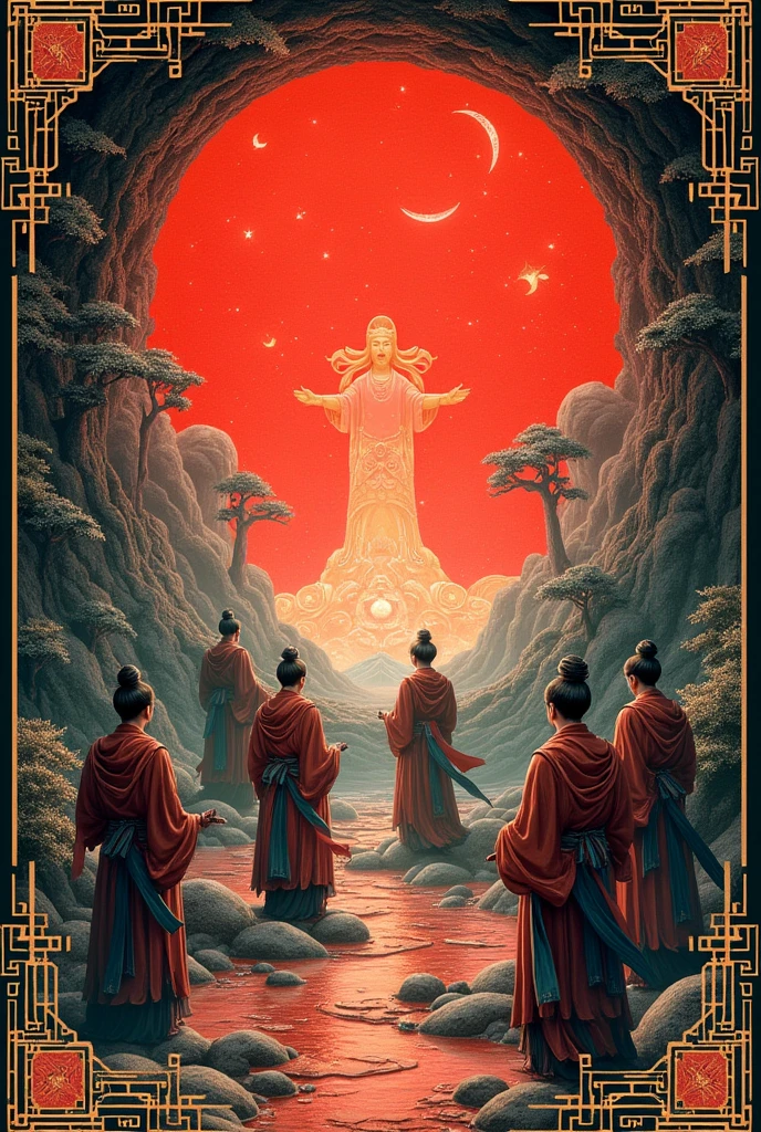 Create a notebook cover with a Japanese theme, with the seven gods of wisdom, with a red portal in the background. Drawings with Japanese patterns