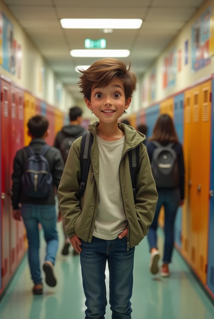 An 18-year-old boy in the middle of the school corridor, tall, brown hair, brown eyes, dimples, a round face, kind, thin with a smile, a half-boned face, white skin
Boy is human and real please, not anime please reallyti
Brown eyes and hair not anime, please this world make