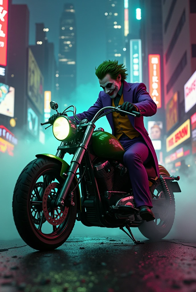 Joker on a green motorcycle