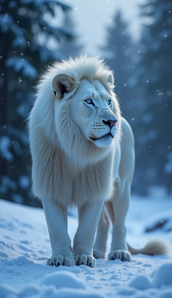 Generates a super mega ultra realistic 8k 3d image , of a strong and focused robust albino lion with blue eyes in the snows at night