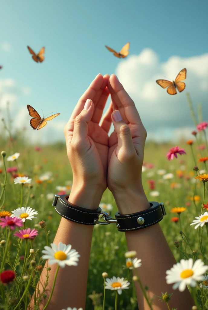 Two hands are seen bound with black leather handcuffs on a meadow during the day.