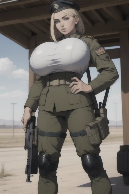 masterpiece, best quality, 1girl, solo, large breasts, (big breast implants, fake , unaligned breasts, perfectly round breasts), SFW, military uniform, standing at attention, holding a rifle, looking at viewer,