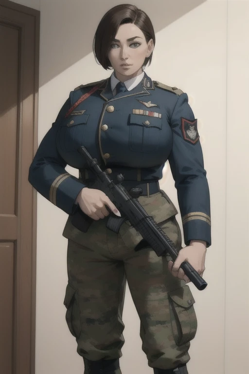 masterpiece, best quality, 1girl, solo, ?????????????, (big ?????? implants, fake , unaligned ???????, perfectly round ???????), SFW, military uniform, standing at attention, holding a rifle, looking at viewer,  