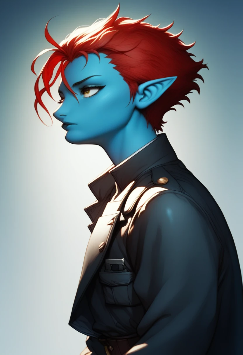 Oc,na’vi, a alien blue skin skinny buff femboy man wearing black trench-coat with a red mark on the bust,red hair,thick, in an 90’s style. He’s androgynous , fullbody,equipped with a sword of double blades and a sensual ,sad expression.The scene has a cool,sweet,stargate/Bill Sienkiewicz style and a vibrant tone. Modern urban setting in the background.