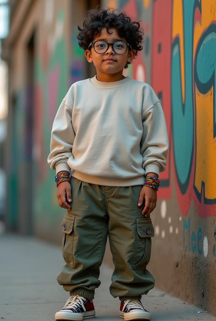 18-year-old boy with a heavy build, Mexican, with freckles, round glasses and messy hair astasthetic. wears cargo pants and a sweatshirt.