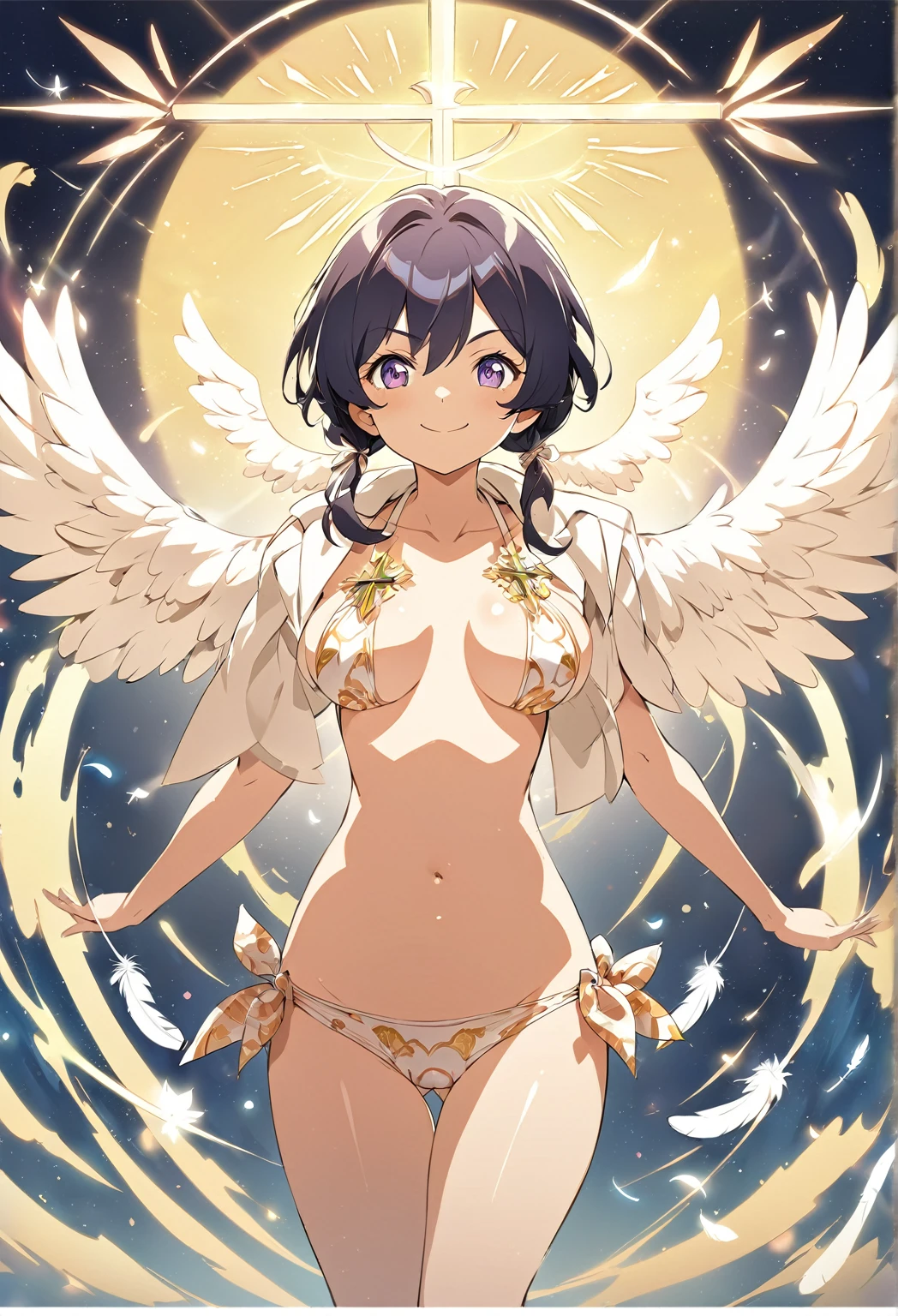 best quality,best resolution,(fluffy anthro furry :1.3),cat girl,small breasts,black long hair, wavy hair,pink eyes,sparkle eyes,white fur,naked,gold bracelets,gold body accessories ornaments,floral hair ornaments,gold body ornaments,shiny angle wings on back,panoramic view,golden clouds background,light and shadow,looking at viewer,full face blush,shy face,smile,heart eyes,heart expression eyes,plenty pussy juice,shy pose,armpits,standing