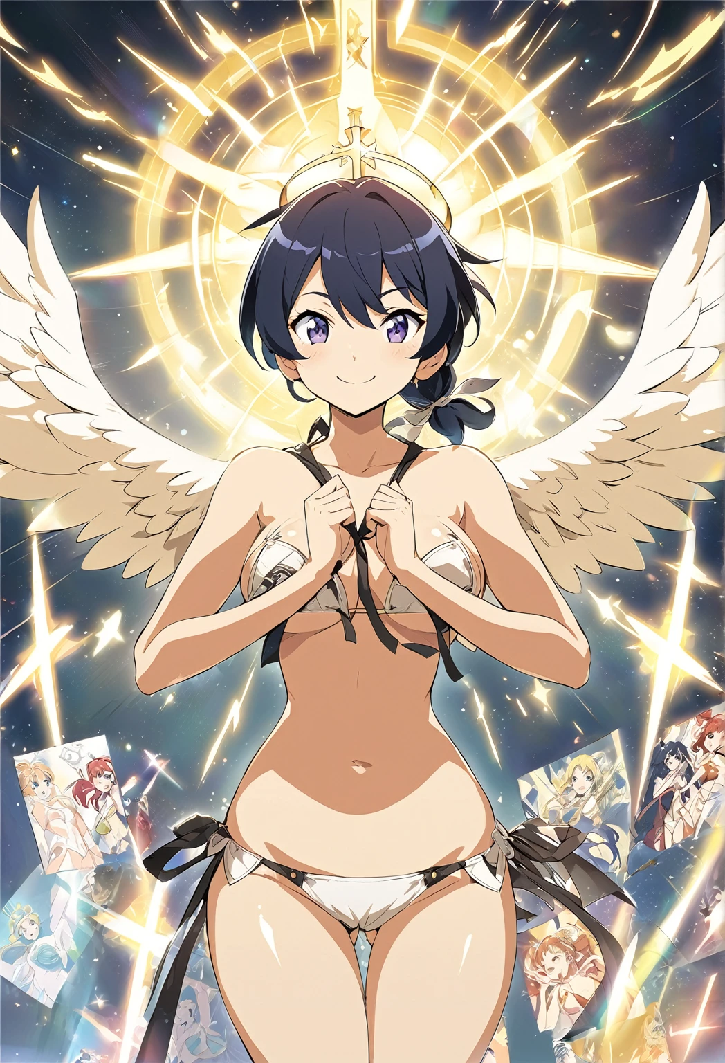 Girl Tied to a Cross,Angel wings on both shoulders,(A cross of light in your eyes),Halo,Wing relief,Smile,Show your whole body,Open your arms,Anime Style,naked,Concept Art,Pin-up posters,Fluttering feathers,Shiny Wing Bikini,A shining cross on the crotch