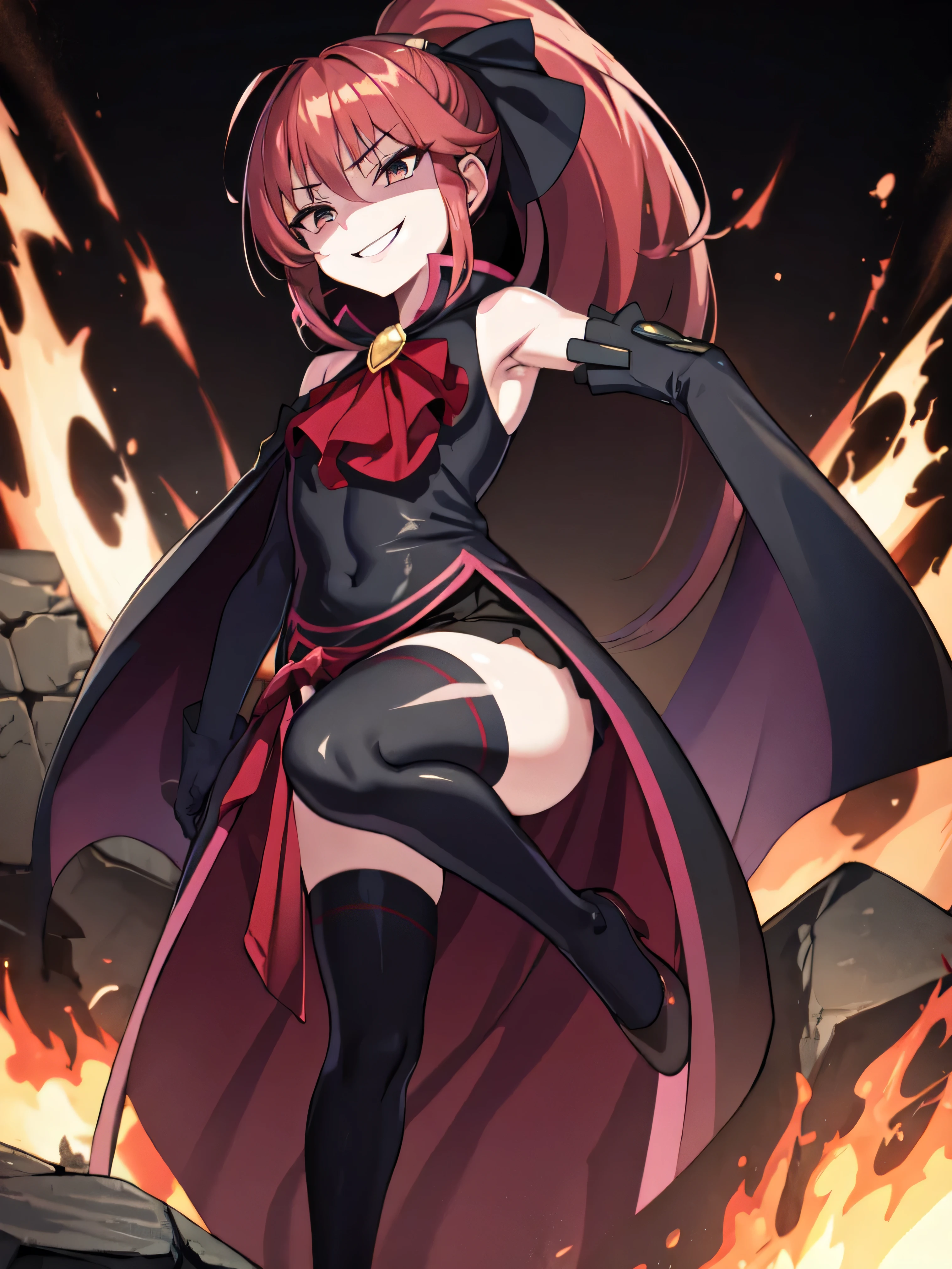 Highest quality, masterpiece, One Girl,Not beautiful, Red Ponytail, Long dress, brooch, Hair Ribbon,  Black knee socks, Standing on the rubble,  (Evil smile:1.1), ,,Dark shadow face,Sadistic smile,Malice,Contempt,smile,latex,Bad face,,Red Skirt,both hands,Two legs,Five Fingers,Evil background,Elbow fullgloves,latex, Evil smile, Debish Aura (Shiny fabric:1.5),Dark world background,solo,Burning cityscape


