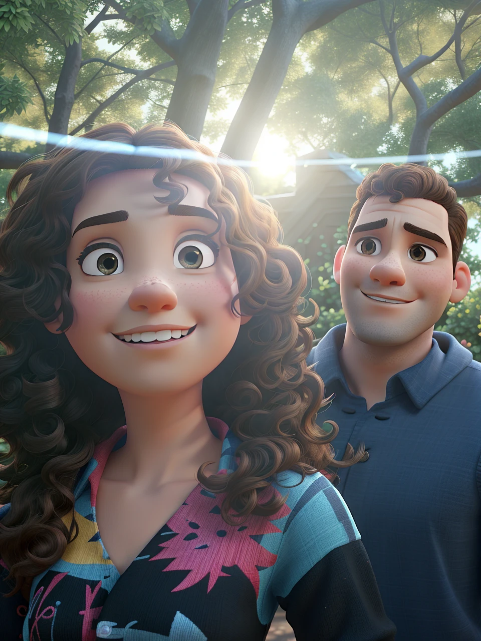 Create Pixar-style photo, brunette woman with curly hair and man with short buzz cut