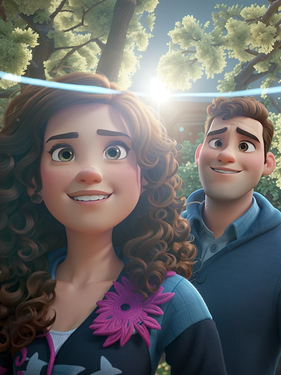 Create Pixar-style photo, brunette woman with curly hair and man with short buzz cut