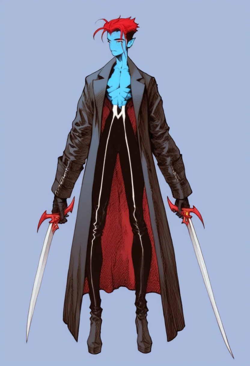 Oc,na’vi, a alien blue skin skinny buff femboy man wearing black trench-coat with a red mark on the bust,red hair,thick, in an 90’s style. He’s androgynous , fullbody,equipped with a sword of double blades and a sensual ,sad expression.The scene has a cool,sweet,stargate/Bill Sienkiewicz style and a vibrant tone. Modern urban setting in the background.