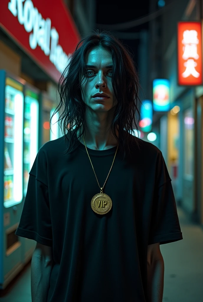 Make a 40-year-old boy very skinny like a Zombie, long black hair, blue colored eyes, black short sleeve t-shirt, with a gold medal around his neck that says ((VIP 1)) near Royal Vending machines, ((soda machines and juice and snack machines))