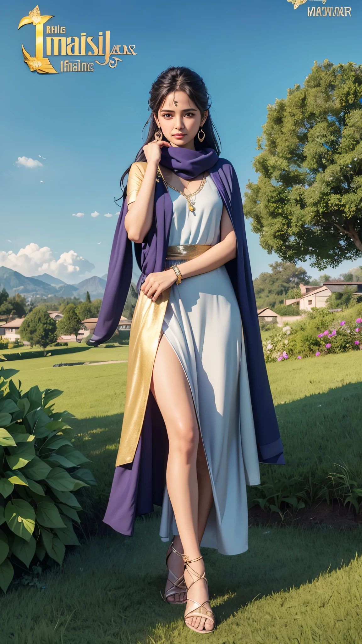 Beautiful cute short girl aged 18 , stand on stone in middle of hills, have long hair and wears ear rings and wears metallic smart watch to her left hand and wears blue colour full hands dress and black scarf which is flying due to air and black colour legin pand and wears Black colour chappal and seeing left side and sky in sunset mood, in background village and trees and green crops and House written SUNITHA name on the sky at her background with 3D metallic golden glitter with metallic silver heart, metallic purple butterfly, metallic green peal. Everything in front 3D rendering, typography, 3d render, poster, fashion