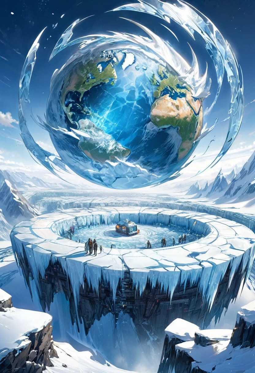 Future earth closed by ice, human crisis, humanity surviving with technology, science fantasy, icy world, best image quality