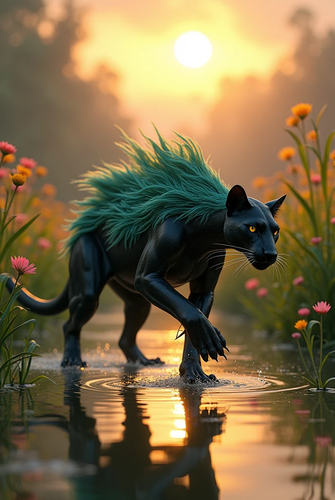 A chimera between a panther and a duck, shaped like an amphibian, webbed feet, ((duck feet)), weird body shape