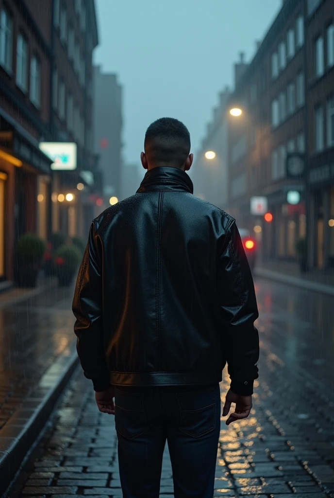 I create an image of a man wearing a black jacket in the rain.