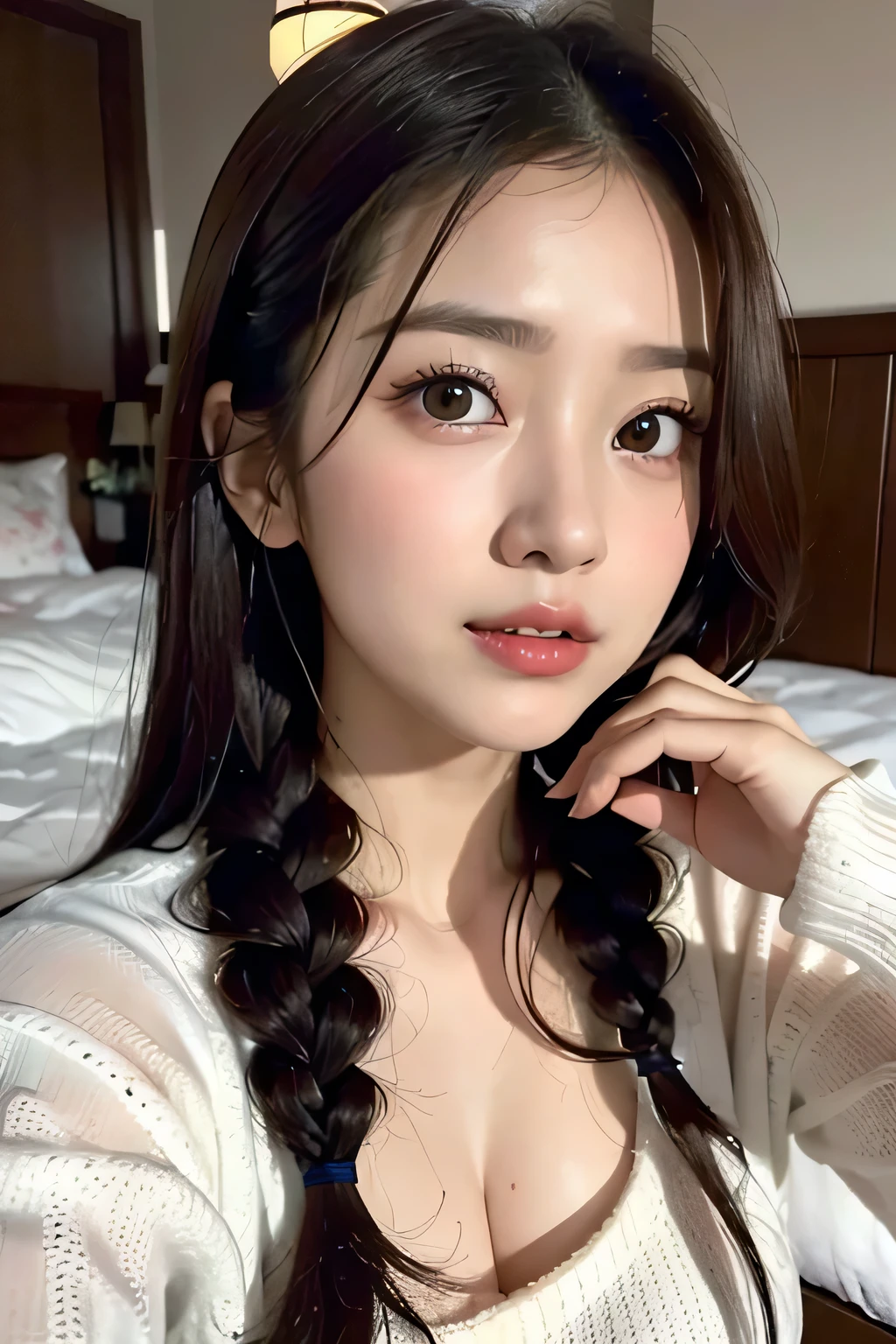 (((Woman lying on bed in bedroom)))、Accentuate your breasts、See-through white tight sweater dress、Off-the-shoulder tight sweater dress、(Reddish brown wet shiny hair)、(Floral編み込みカチューシャ、Half Up、Floral,),(Space Knitting、Voluminous fishtail braid、Twisted pan、)、(The bangs are see-through)、hairpin、hair ornaments、Blushing cheeks、Pointed red mouth、Large Breasts、Perfect body line、Beautiful clavicle、Wet Hair、Wet Face、Wet body、Wet Skin、Wet costume、Detailed clothing features、Detailed hair features、Detailed facial features、Looking into the camera、(Dynamic Angle)、(Dynamic and sexy pose) )、Cinema Lights、(masterpiece、Highest quality、Ultra-high resolution output images、Write Boundary Depth、Intricate details、Add depth to your subject with contrast between light and shadow、)、Digital Illustration、Single-lens reflex camera、(Realistic:1.3)、(8K quality、Anatomically correct facial structure、)、(Picture Mode Ultra HD、)

