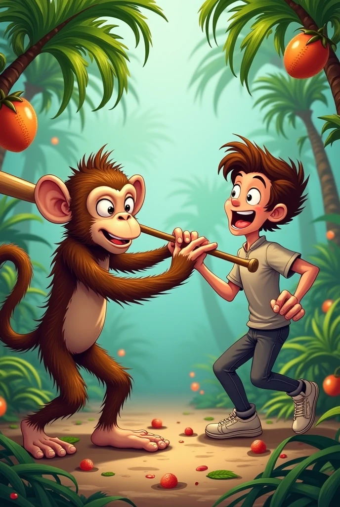 Monkey beating human up with a bat