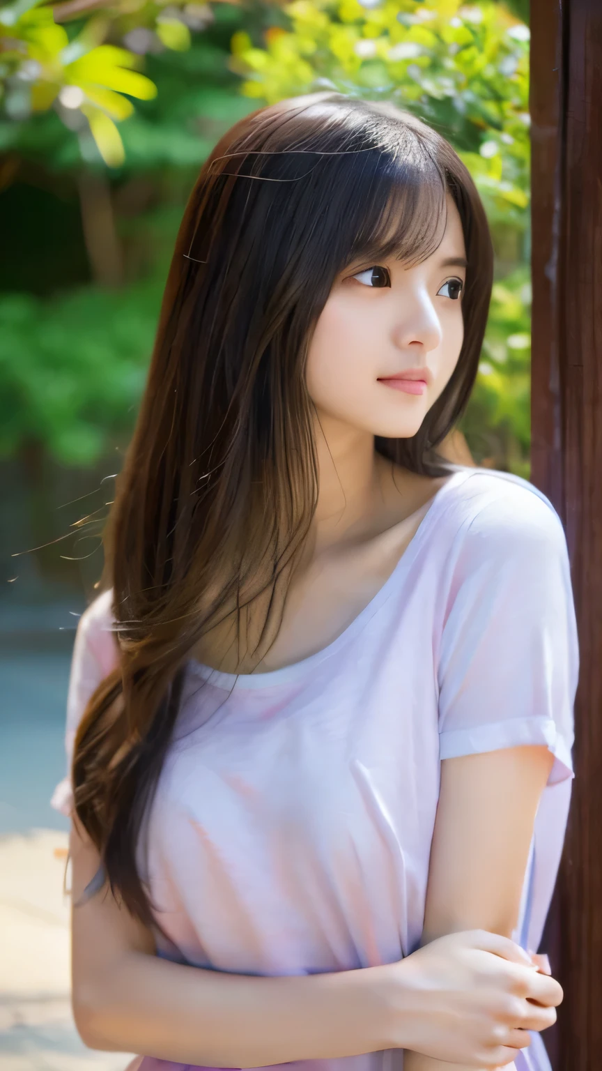 Highest quality,4K,8k,High resolution,masterpiece:1.2,Very detailed,Realistic:1.37,Portraiture,Soft colors,Gentle light,A girl exuding fatigue,long flowing hair,Delicate features,Thinking eyes,White skin,Happy expression,Soft pastel colors,Great atmosphere,shirt,Subtle brushstrokes,Dreamlike composition,Gazing into the distance,,Romantic atmosphere、Roppongi Nightlife、,Calm colors,Soft Shadows、Above-the-waist display、Ample breasts、