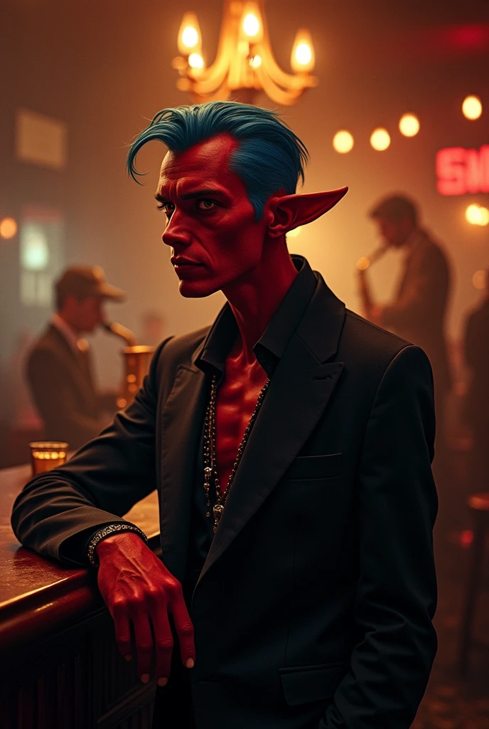 a thin tiefling man with red skin and blue hair the blues