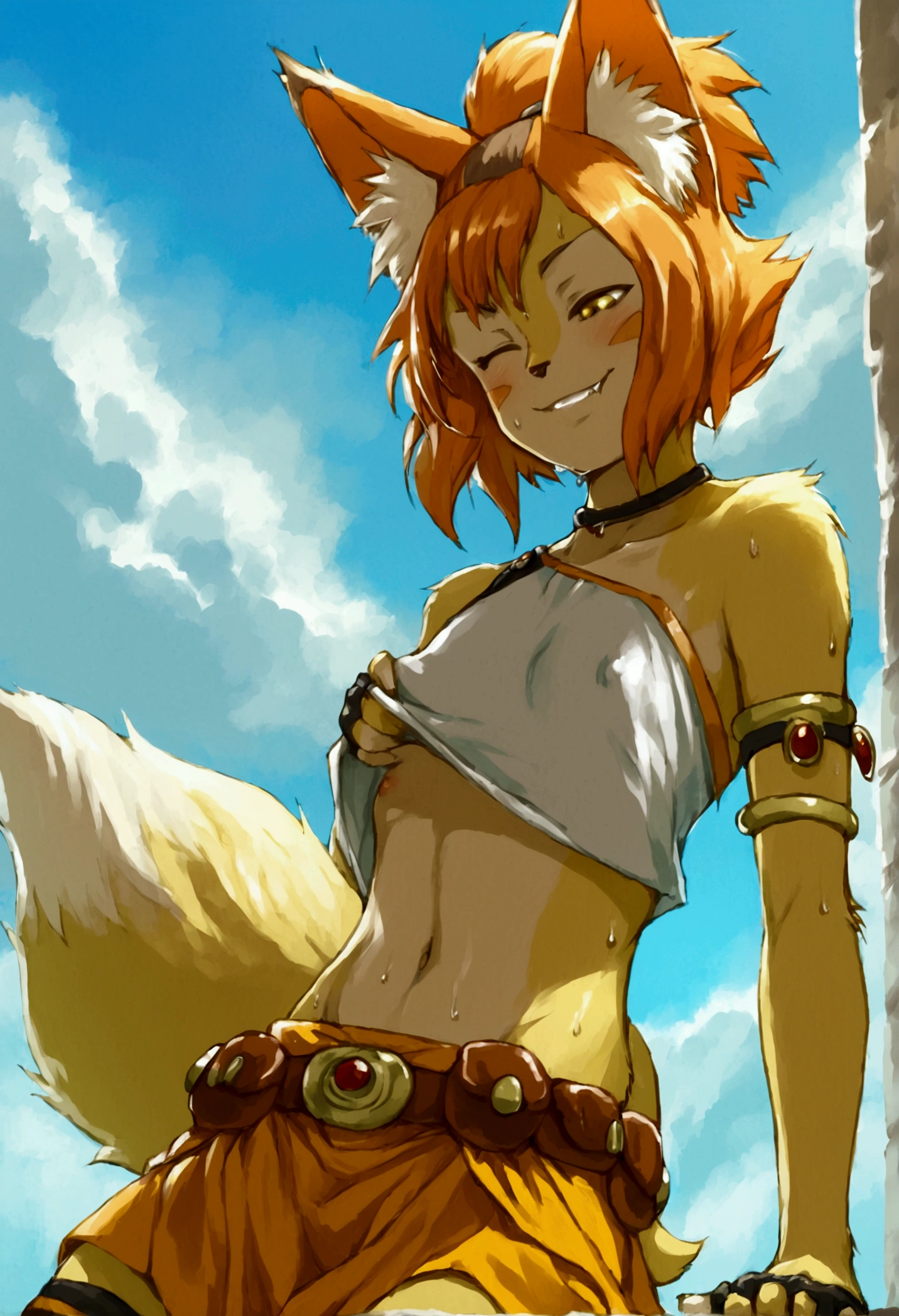 female , wilykit, girl, solo, yellow skin, brown hair, two-tone hair, armlet, brown eyes, holding, yellow eyes, topknot, smile, bare shoulders, short hair, raglan sleeves, red hair, grin, bandaid, tail, belt, black hair, short sleeves, orange hair, dress, midriff, barefoot, standing, navel, animal ears, closed eye, toeless legwear, looking down, facial mark, short ponytail, flat chest, sky, day, cloud, solo focus, crop top, fingerless gloves, closed mouth, boots, fang, skirt, sitting, nipples, english text, blush, sweat, furry female, fangs, furry, pussy, indian style, hand on hip, tube top, strapless, :o, nature, panty pull, masturbation under clothes, hand in panties, orgasm, squirt, secretions puddle, sfw