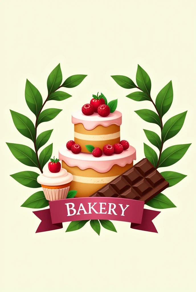 A beautiful logo for a bakery with a cake in the middle, a cupcake and a chocolate bar. Lastly, it should have a background of leaves.
