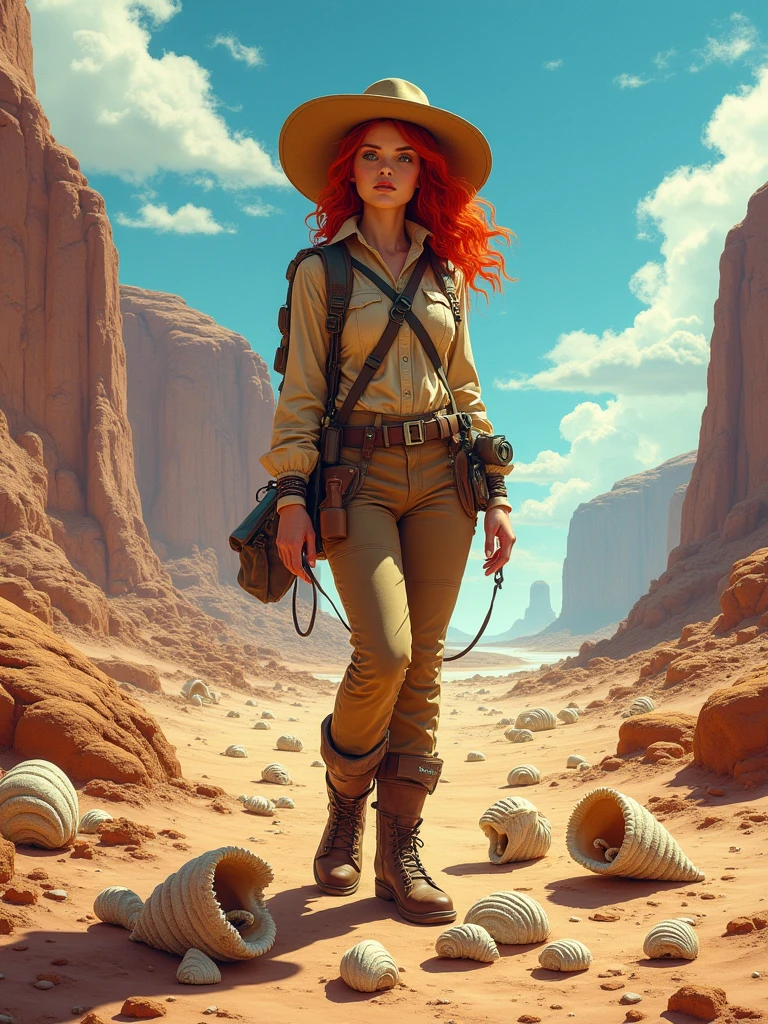 ginger hair, cowboy shot, naked, sexy woman, desert and pyramids in background
