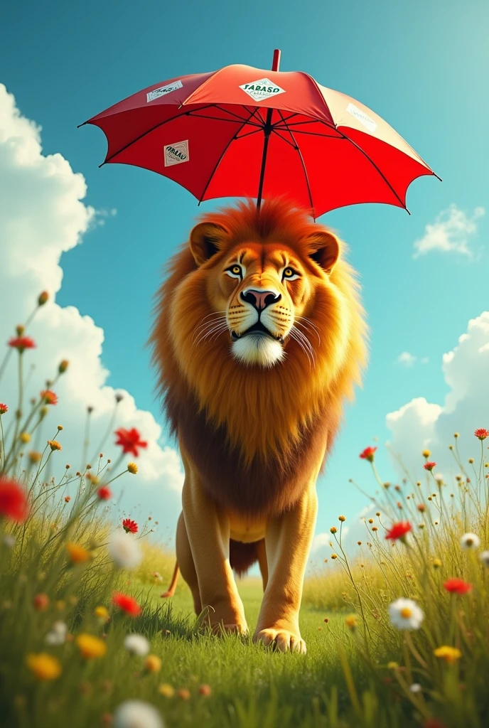 Tabasco brolly a royal lion holding a red umbrella with Tabasco on it 