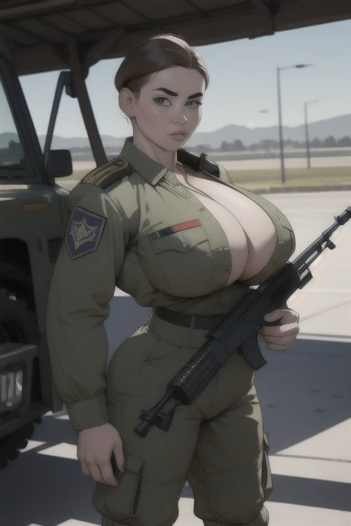 masterpiece, best quality, 1girl, solo, large breasts, (big breast implants, fake , unaligned breasts, perfectly round breasts), SFW, military uniform, standing at attention, holding a rifle, looking at viewer, 