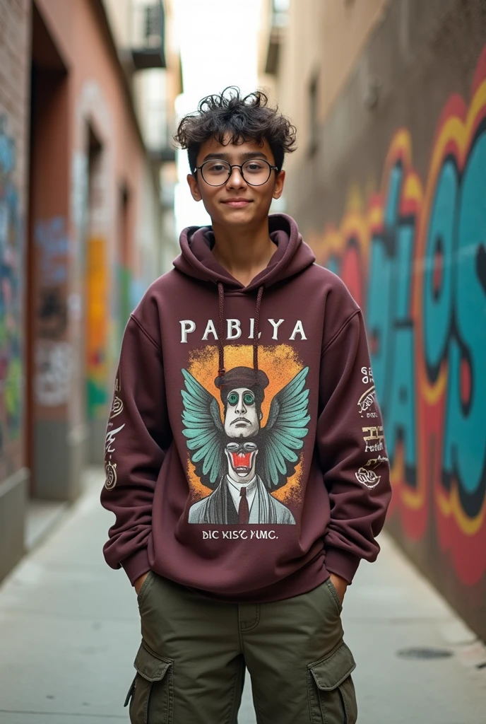 18-year-old boy with a stocky build, Mexican, with freckles, round glasses and messy hair astasthetic. wears cargo pants and a sweatshirt.