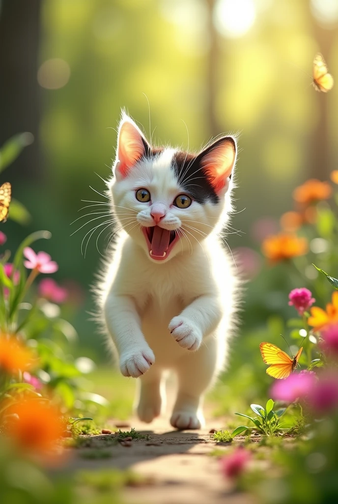 A small white cat with black on the head, a little lemon green, yes or yes , with lemon green and black stripes on body