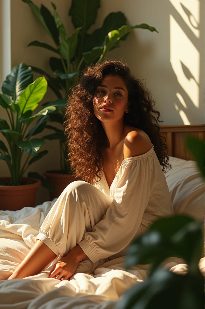 (photorealism:1.2), beautiful woman, sitting on bed, wearing loose off-shoulder top, pajama pants, long curly hair, indoors, soft lighting, plants in background, window with sunlight, cozy room, relaxed pose, realistic, intricate details, warm colors, by Greg Rutkowski, by Alphonse Mucha