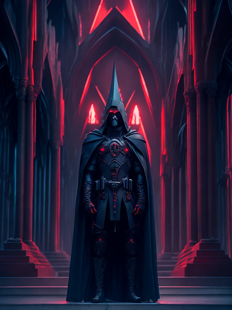 within a brutalist architecture，A somber portrait，depicts a bloody death-dealer，He bears intricate、angular bio-implants。, Brutalist Gothic Cathedral, Cyberpunk, Award-winning photos, Bokeh, Neon lights, Cybernetic Limbs