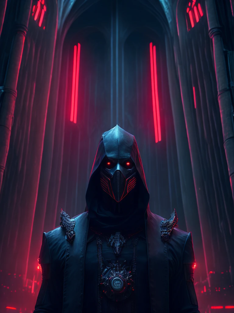 within a brutalist architecture,A somber portrait,depicts a bloody death-dealer,He bears intricate、angular bio-implants。, Brutalist Gothic Cathedral, Cyberpunk, Award-winning photos, Bokeh, Neon lights, Cybernetic Limbs