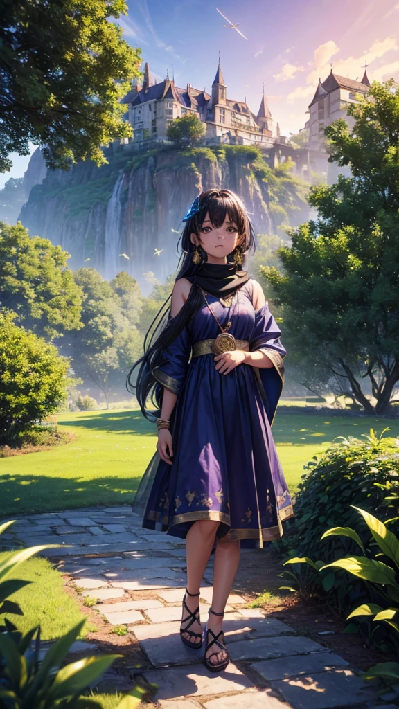 Beautiful cute short girl aged 18 , stand on stone in middle of hills, have long hair and wears ear rings and wears metallic smart watch to her left hand and wears blue colour full hands dress and black scarf which is flying due to air and black colour legin pand and wears Black colour chappal and seeing left side and sky in sunset mood, in background village and trees and green crops and House written SUNITHA name on the sky at her background with 3D metallic golden glitter with metallic silver heart, metallic purple butterfly, metallic green peal. Everything in front 3D rendering, typography, 3d render, poster, fashion