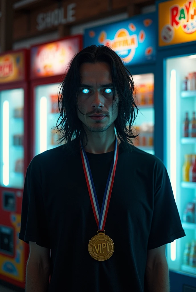 Make a 40-year-old boy very skinny like a Zombie, long black hair, blue colored eyes, black short sleeve t-shirt, with a gold medal around his neck that says ((VIP 1)) near Royal Vending machines, ((soda machines and juice and snack machines))