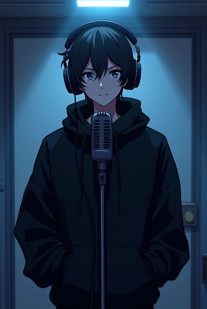 ANIME MALE CHARACTER WHO IS WEARING A BLACK HOODIE AND HEADPHONES. HE IS STANDING IN HIS DUBBING STUDIO, ARMS ON MIC. IT IS NIGHT. THE ROOM HAS VOLUMETRIC
LIGHTING. HE IS FRONT FACING TO THE CAMERA, LOOKING STRAICHT AND CENTERED, CENTRAL PORTRAIT, STANDING STRAIGHT, FRONT VIEW, CENTERED LOOKING STRAIGHT. THE OVERALL AMBIANCE OF THE IMAGE SHOULD CONVEY A CONNECTION TO MINIMALISM, FLAT ILLUSTRATION, BOLD LINE, MINIMALISM, SIMPLIFIED, GOUACHE ILLUSTRATION. 8K RESOLUTION