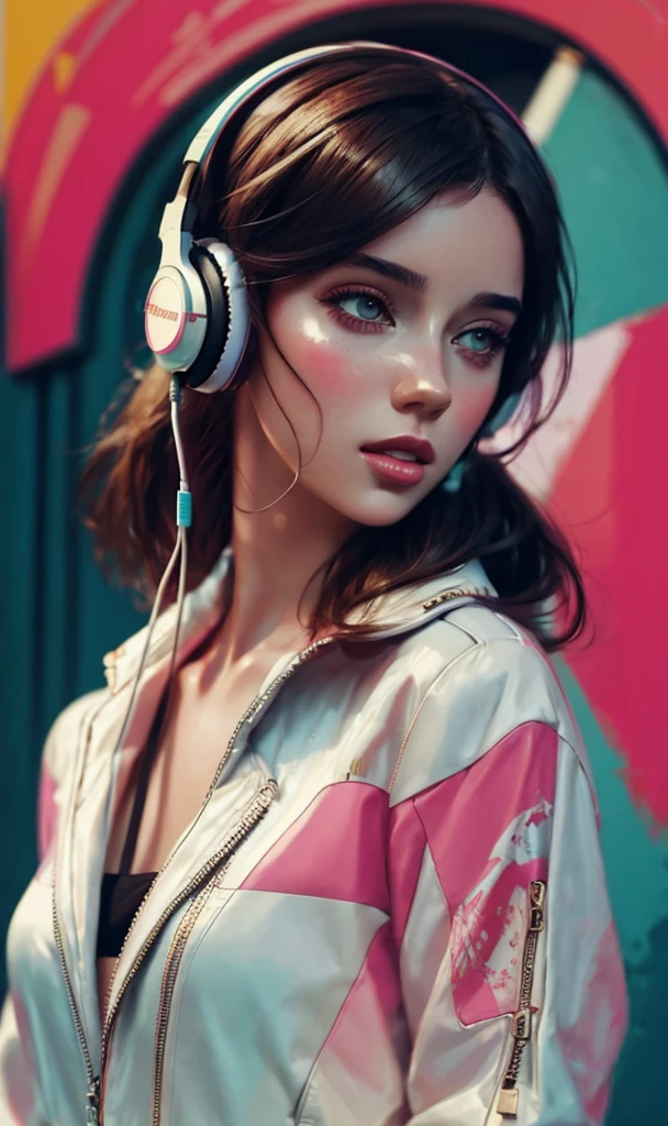 model girl wearing headphones, city background, intricate details, aesthetically pleasing pastel colors, poster background, art by conrad roset and ilya kuvshinov