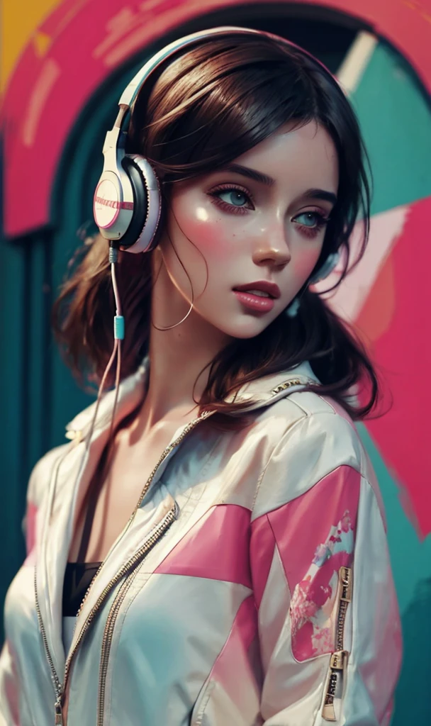 model girl wearing headphones, city background, intricate details, aesthetically pleasing pastel colors, poster background, art by conrad roset and ilya kuvshinov